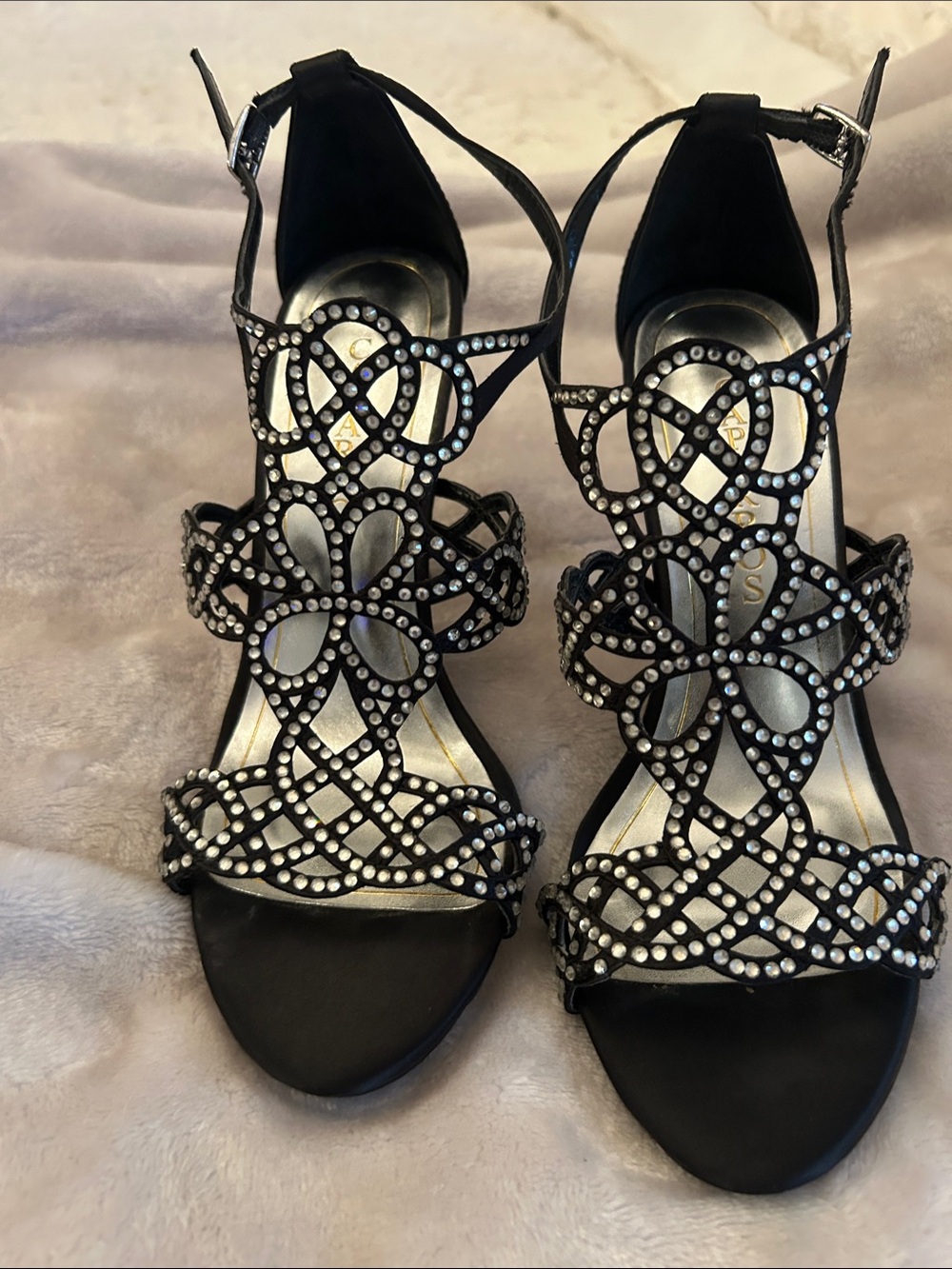 Caparros Black Rhinestone Floral Cutout Heels